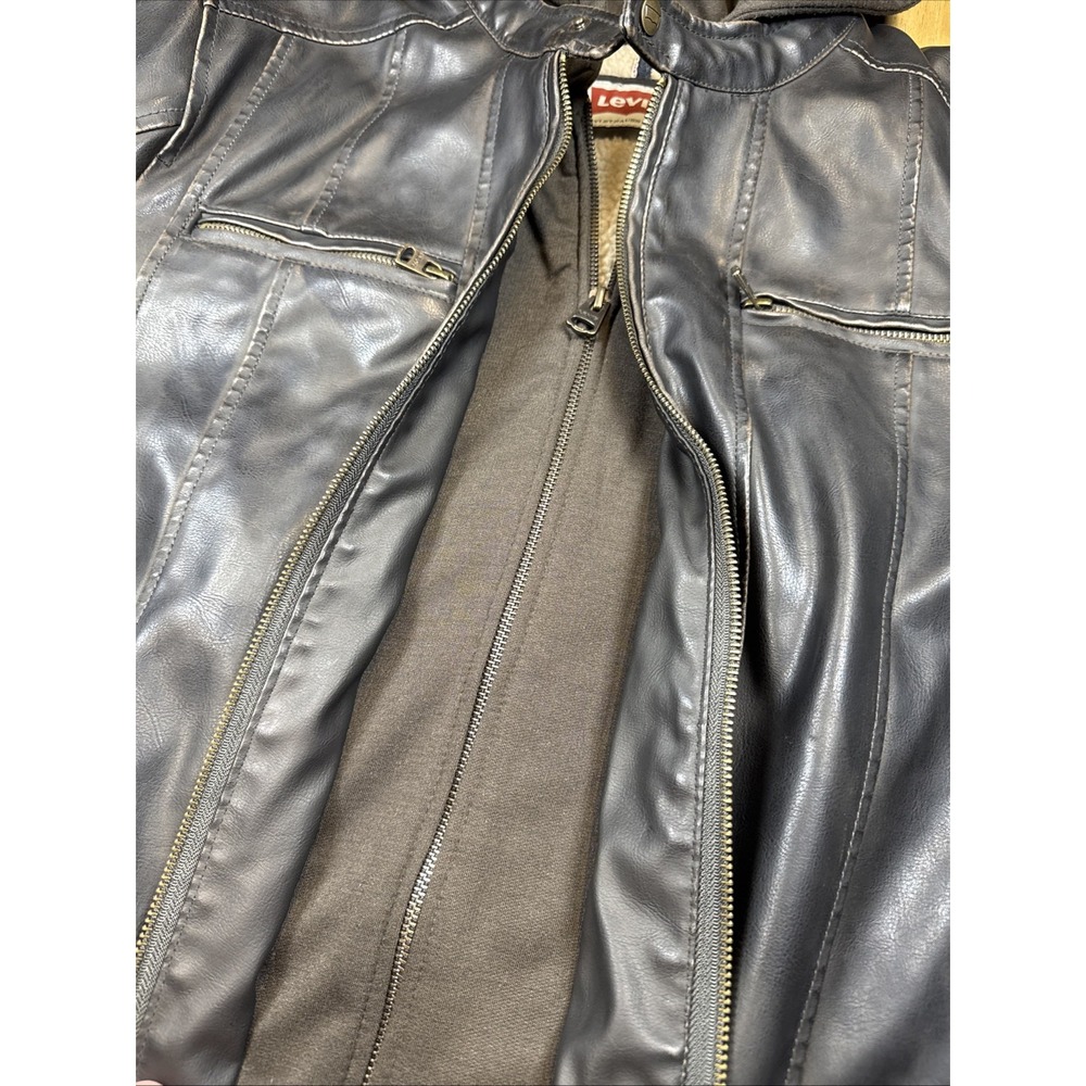 Levi's Men's Black Faux Leather Hooded Jacket Zip Front Coat Sz Large Biker - Picture 16 of 16